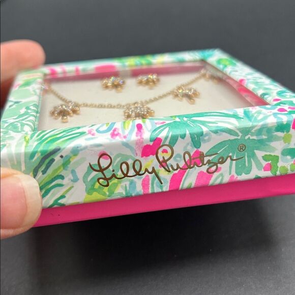 NEW Lilly Pulitzer Necklace Earring Set Gold Crystal Sparkling Palm Trees - Picture 7 of 7
